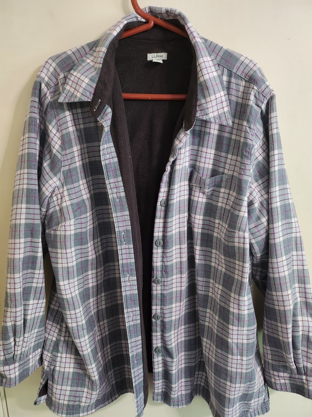 L.L. Bean Gray and Purple Plaid Fleece-Lined Shirt Jacket Size: 1X Used